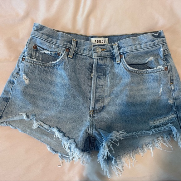 Agolde Light Blue Distressed Denim Jean Shorts - Picture 2 of 7
